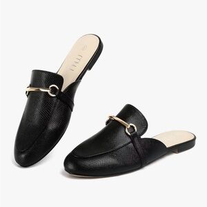 Black Slip-On Mule Loafers with Gold Accent